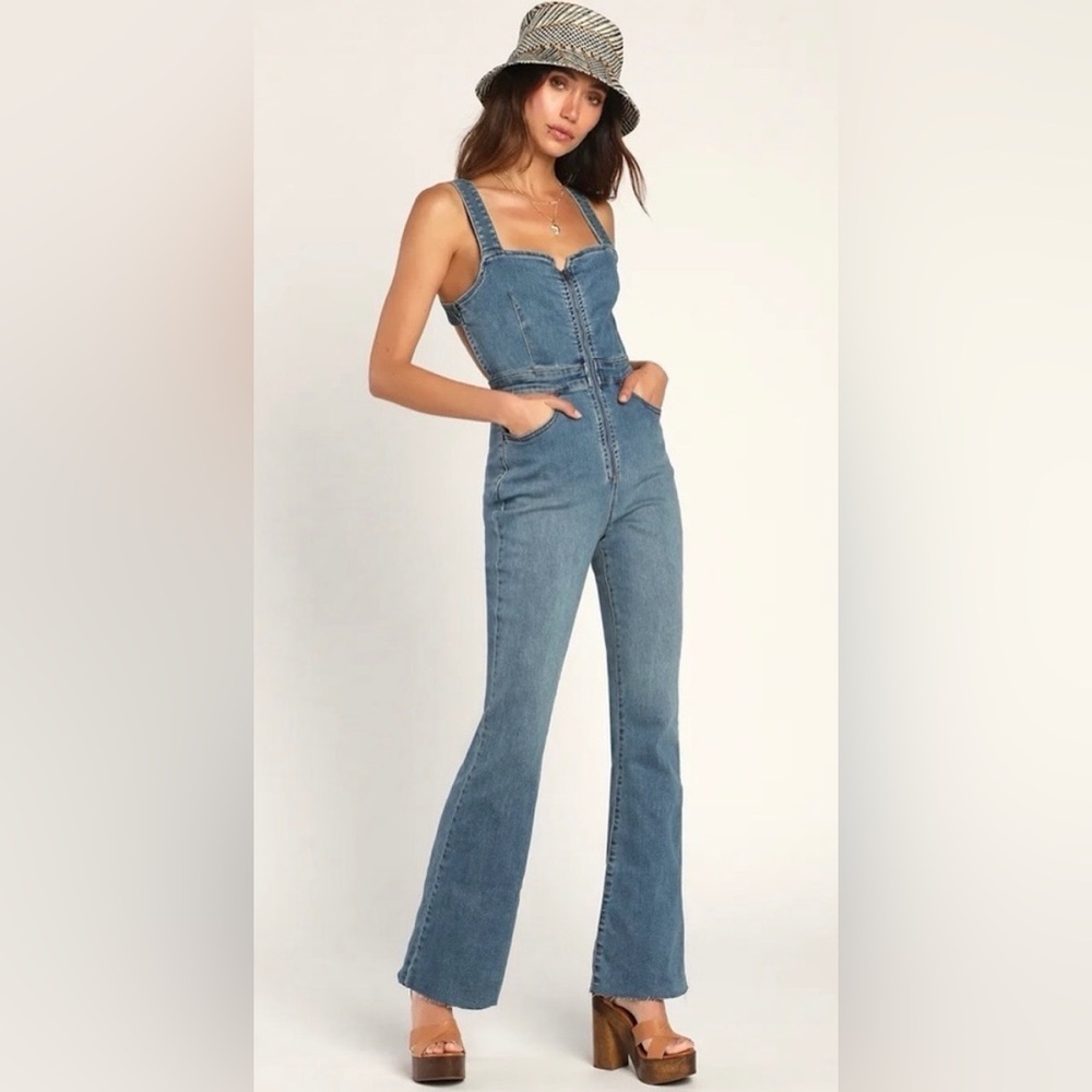 Free People CRVY 2nd Ave Medium Wash Denim Backless Jumpsuit